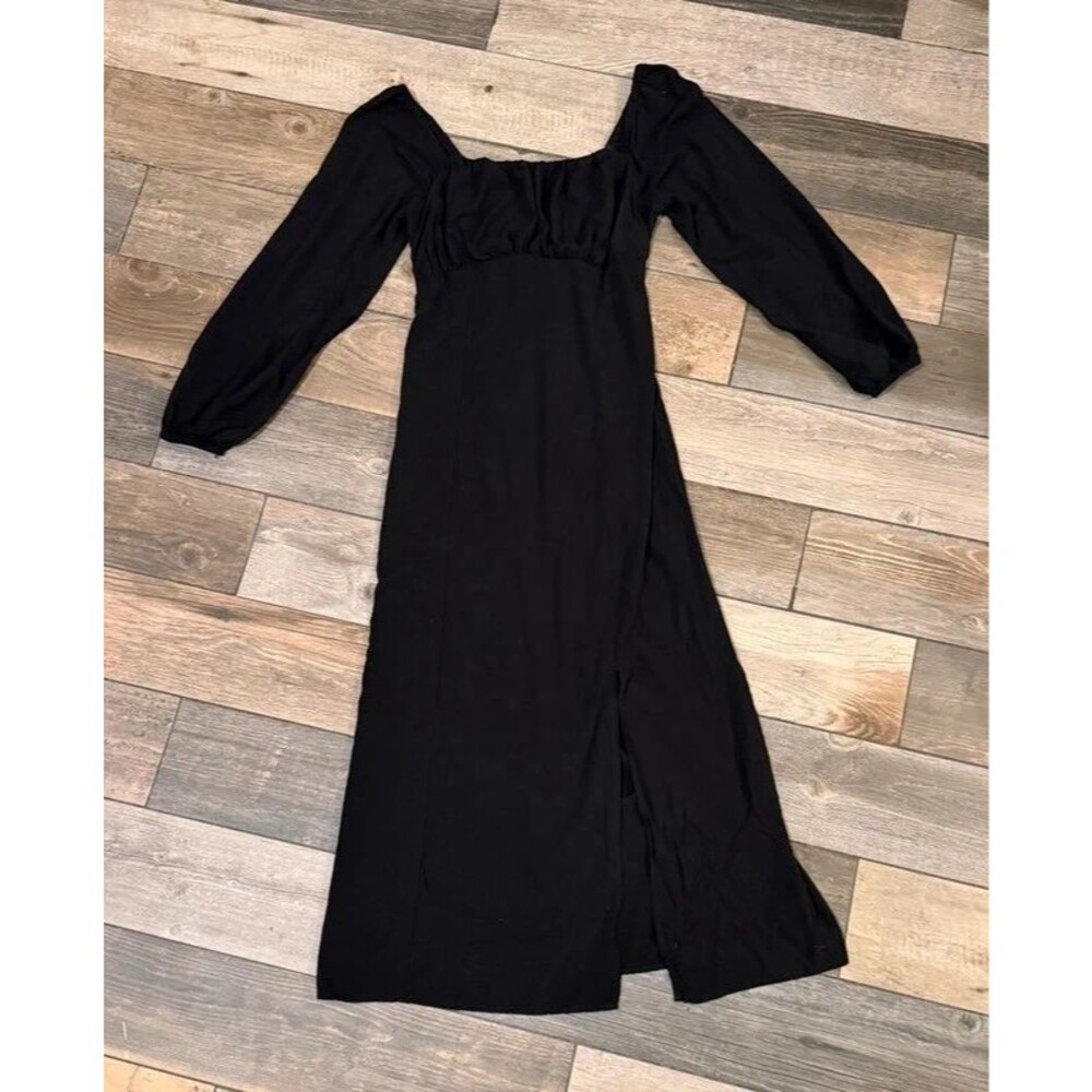 Black Peasant Babydoll Style Black Long Dress with Slit Size M